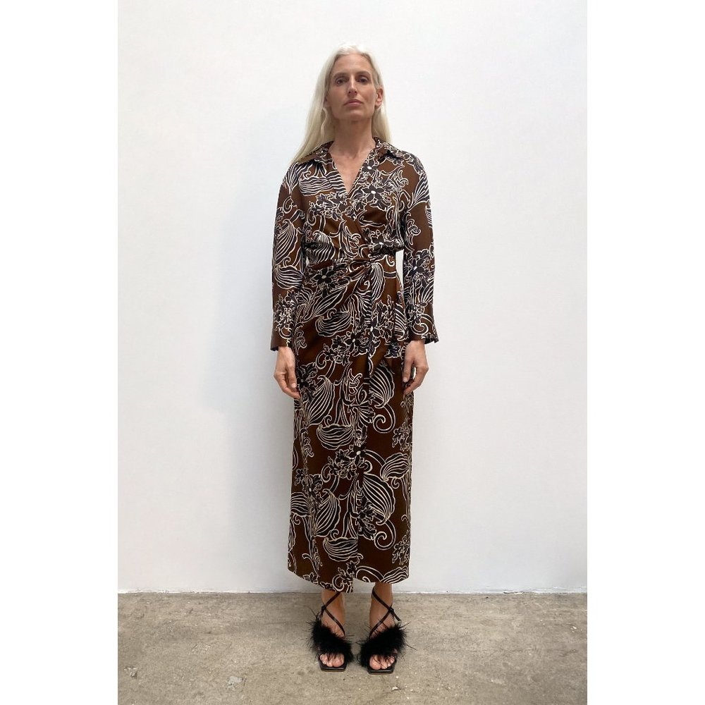 Zara Black & Brown Long Sleeve Midi Wrap Dress S